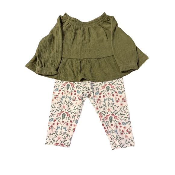 Carters Infant Girl’s 2 Piece Outfit Green Top Leaf Print Pants Size 3M - Picture 1 of 12